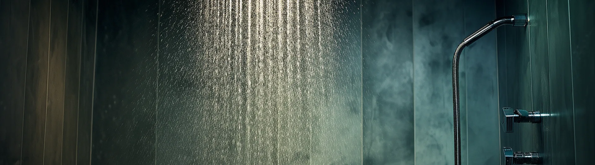 Overhead shower rose running in a dark tiled shower