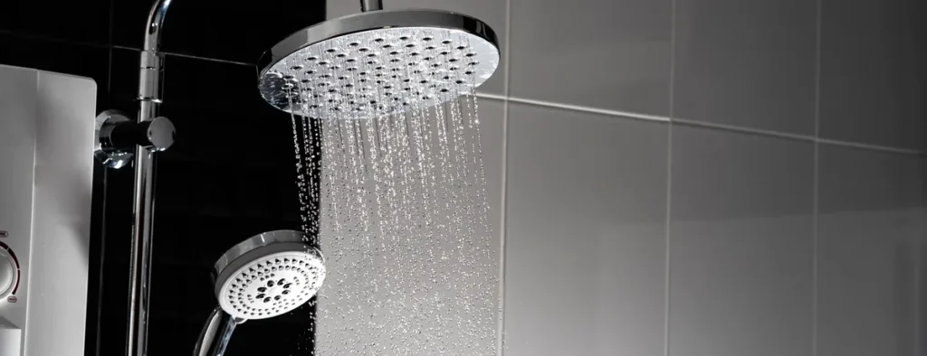 Overhead shower rose running in a home bathroom