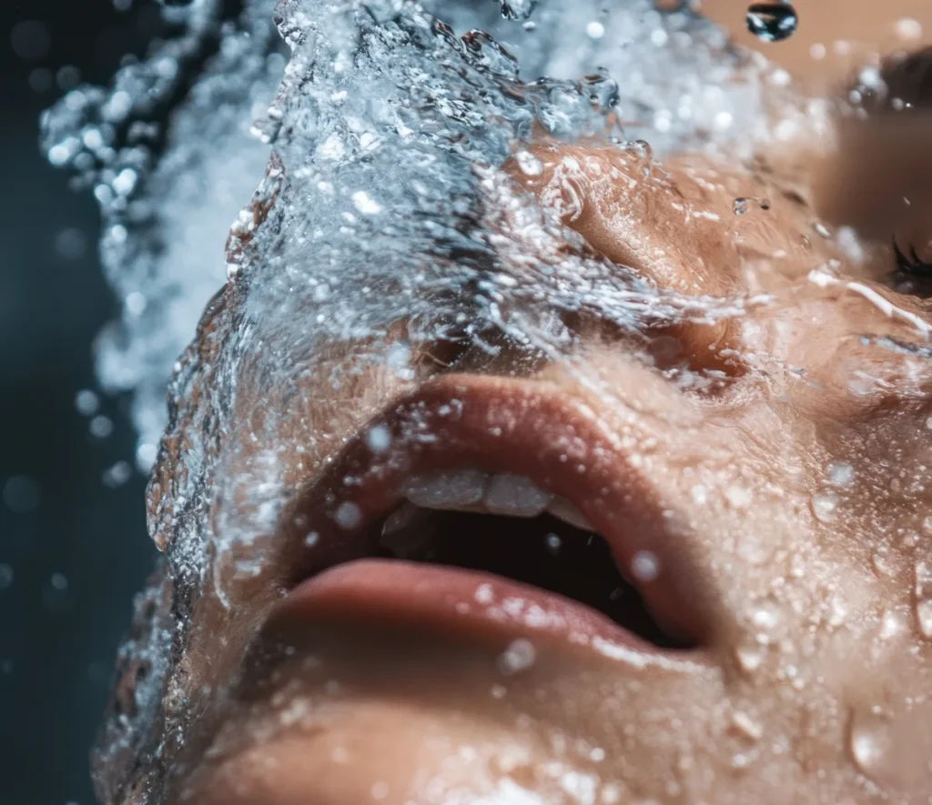 Cold water hitting a face in close-up
