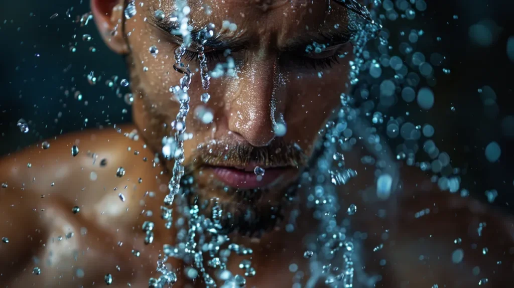 Man cooling off under a cold water shower